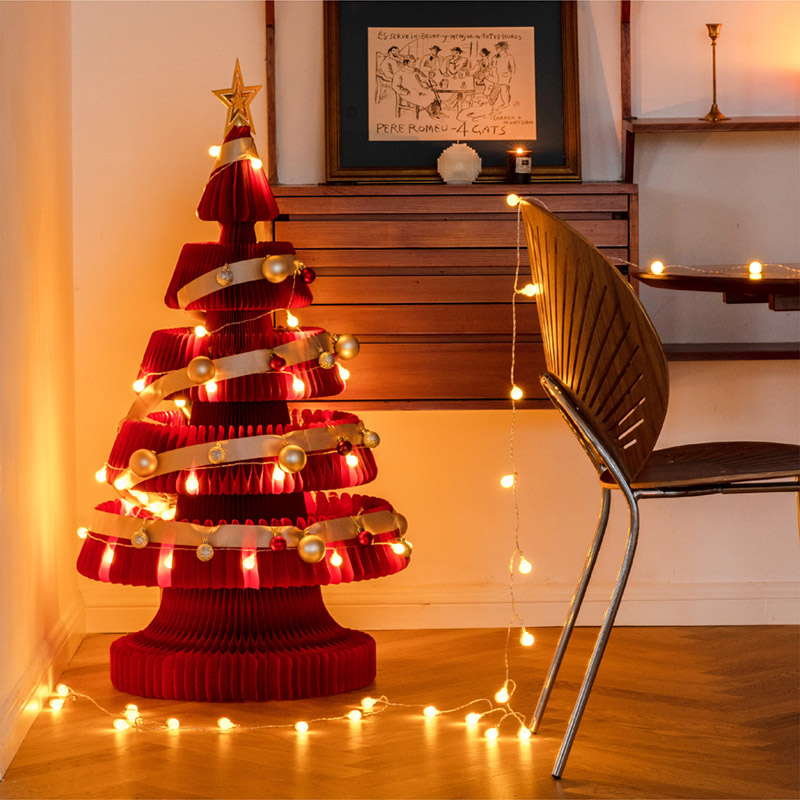 Árbol de Navidad de papel elegante con luces y bonita decoración de bolas de Navidad, construcción plegable, fácil almacenamiento